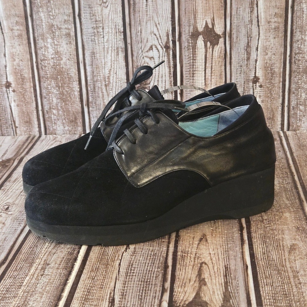 Sz 37.5 / 7 Thierry Rabotin Quilted Black Suede/ Leather Platform Wedge Oxford